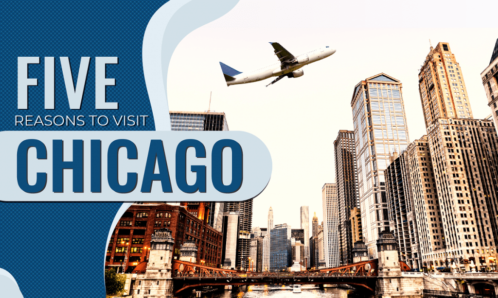 A plane flying over the Chicago River bridge.