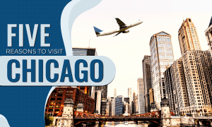 A plane flying over the Chicago River bridge.