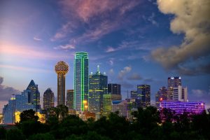 The Dallas skyline at dusk.